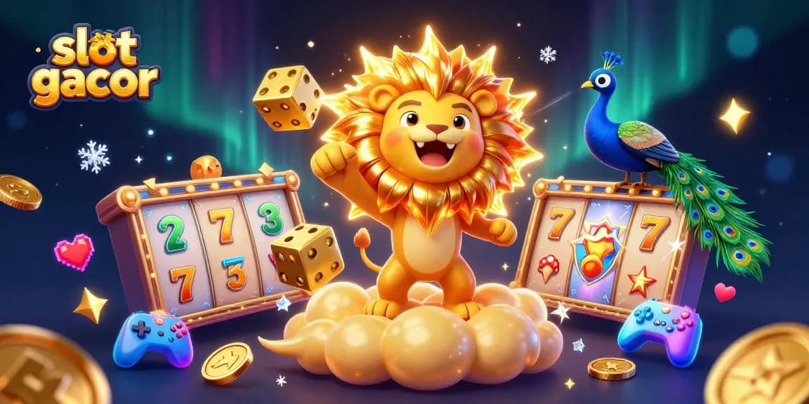 Spin the vibrant slot gacor reels with a majestic sun lion and golden dice illuminating the scene.