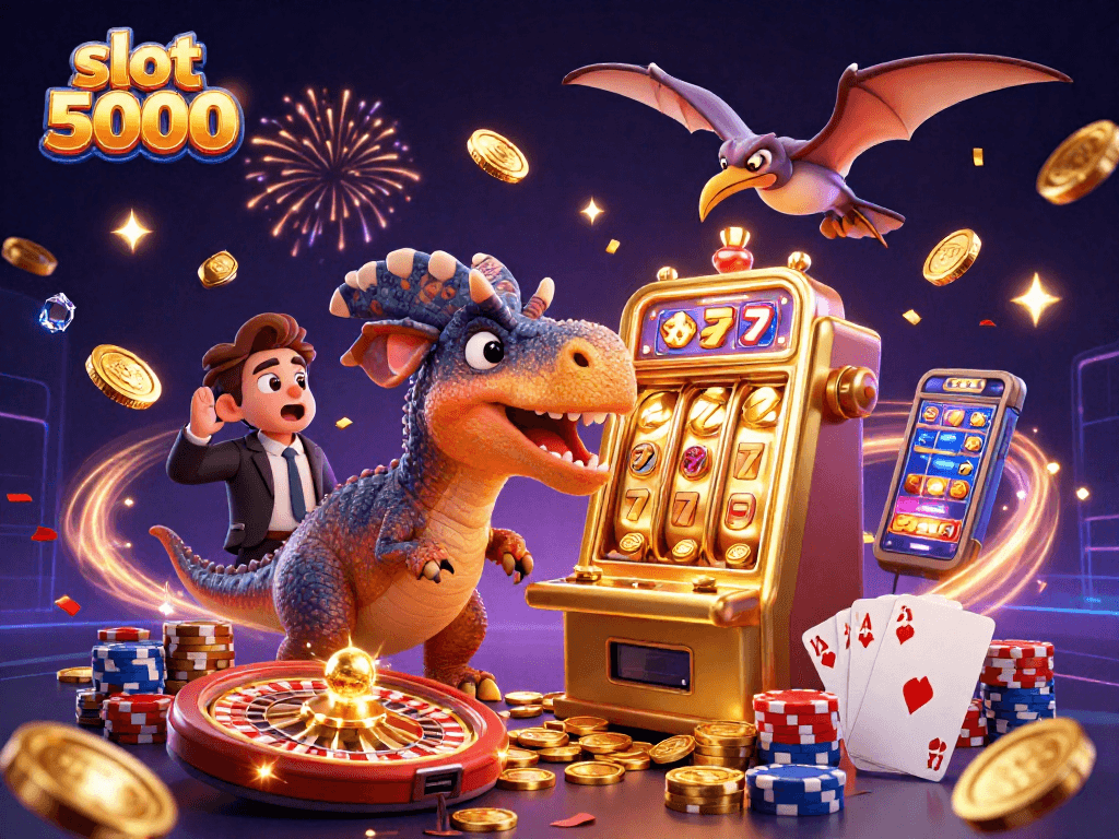 Catching golden coins and jackpots at slot 5000 with animated dinosaurs in a casino scene.