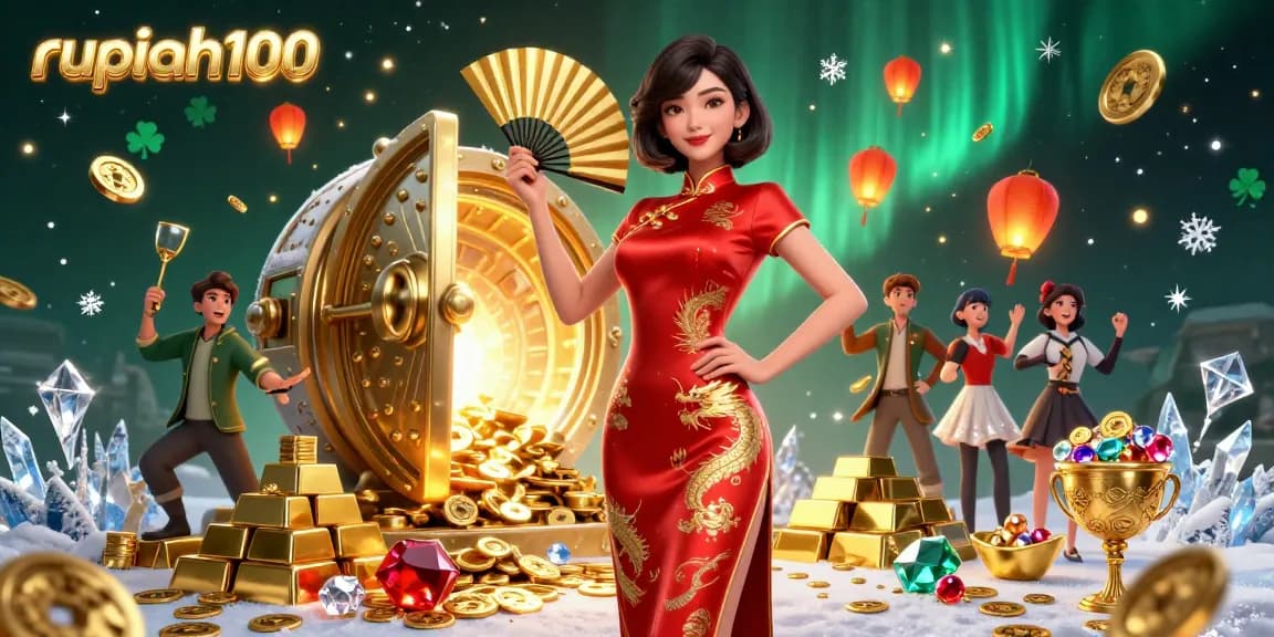 Experience the excitement with rupiah100 among a vibrant 3D casino scene filled with gold coins and treasure.