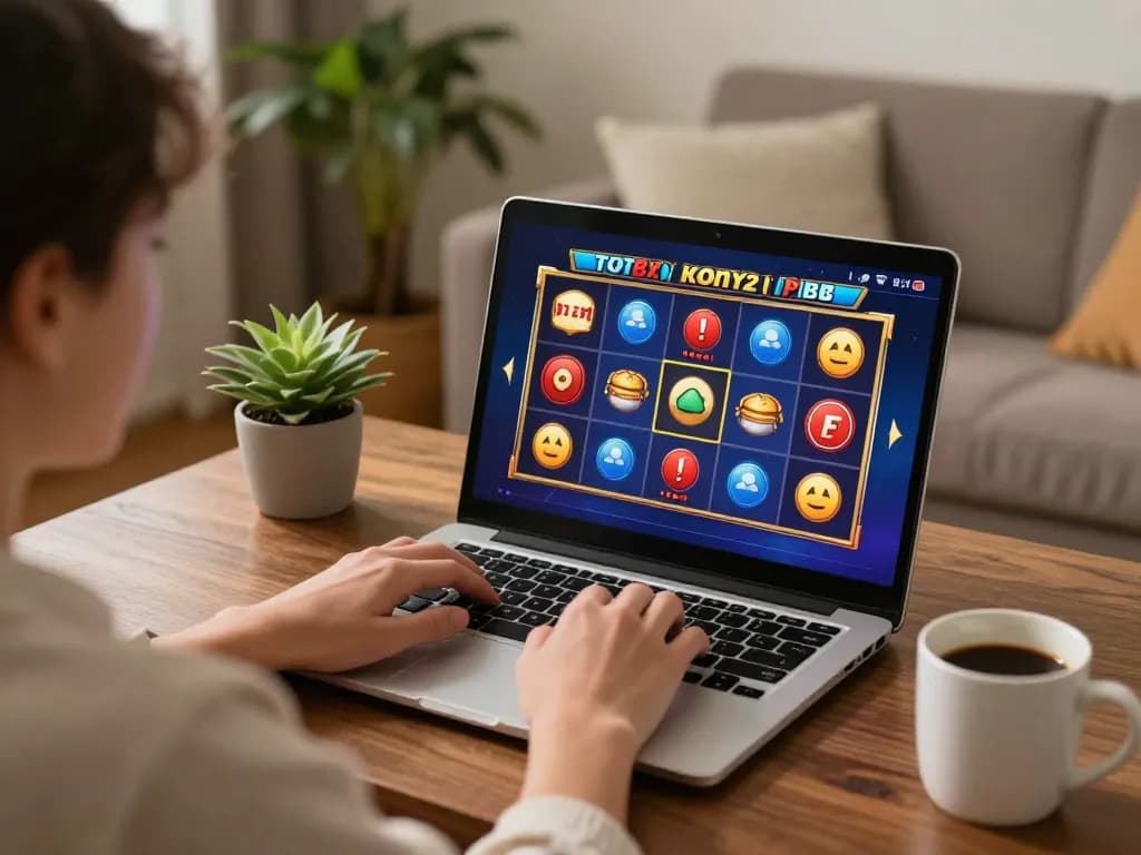 Gincal player enjoying a slot game on a modern laptop in a cozy home environment.