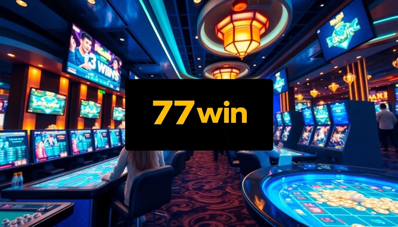 77win online gaming platform showcasing dynamic casino atmosphere with players and vibrant digital displays.
