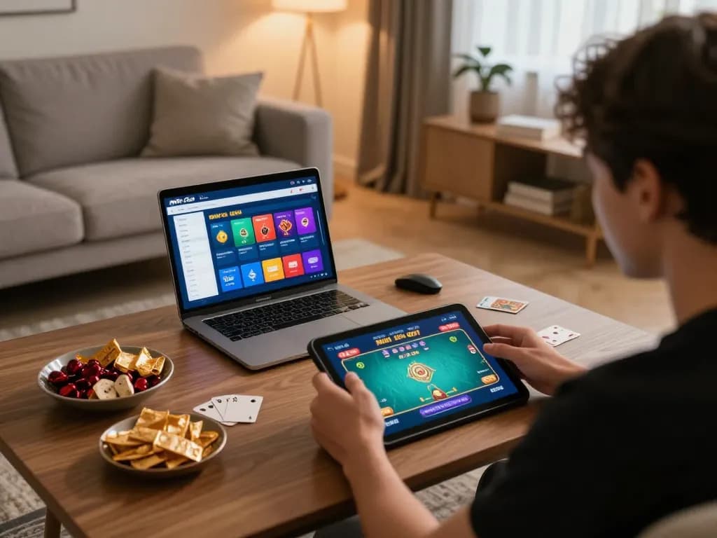 Engaging live poker game on iwin club displayed on tablet in cozy home setting.