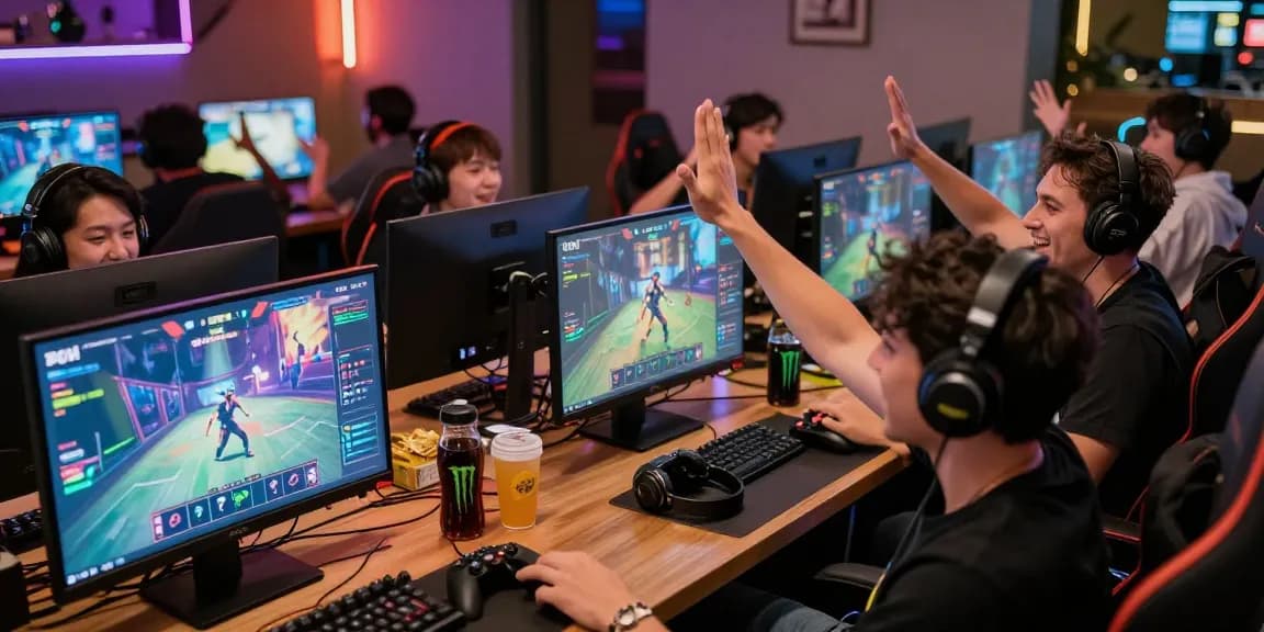 Hitclub gaming lounge scene with friends celebrating victories and engaging on screens.