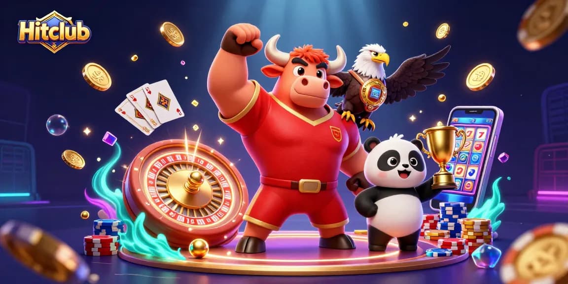 Experience the thrills of Hitclub with a vibrant scene of winnings, mascots, and exciting game elements.