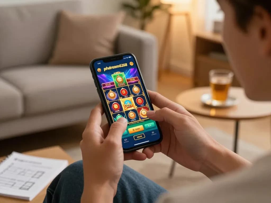 PHDREAM6268 user enjoys mobile gaming with vibrant slots in a cozy home setting.