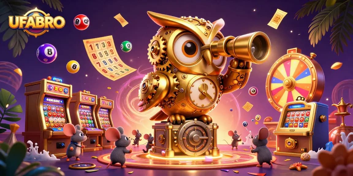 Experience UFABRO's dynamic casino scene with a clockwork owl and vibrant game elements.