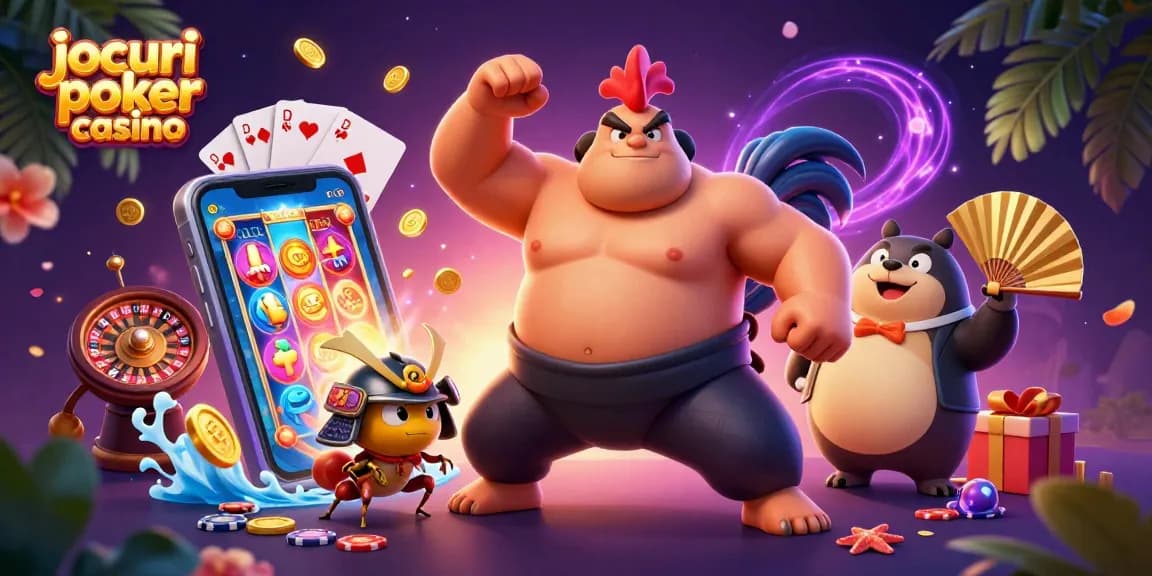 Joacă jocuri poker casino captivante într-o atmosferă plină de elemente prinținând zaruri și cărți de joc.