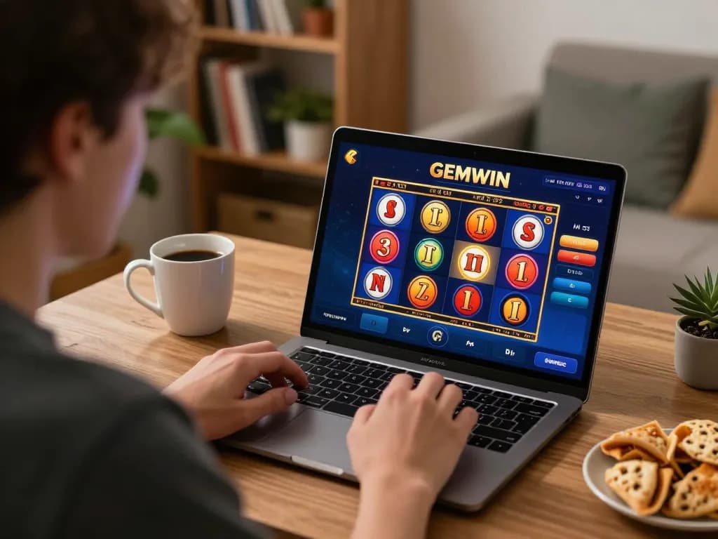 GEMWIN online gaming session shows player engaged in strategy with laptop interface.