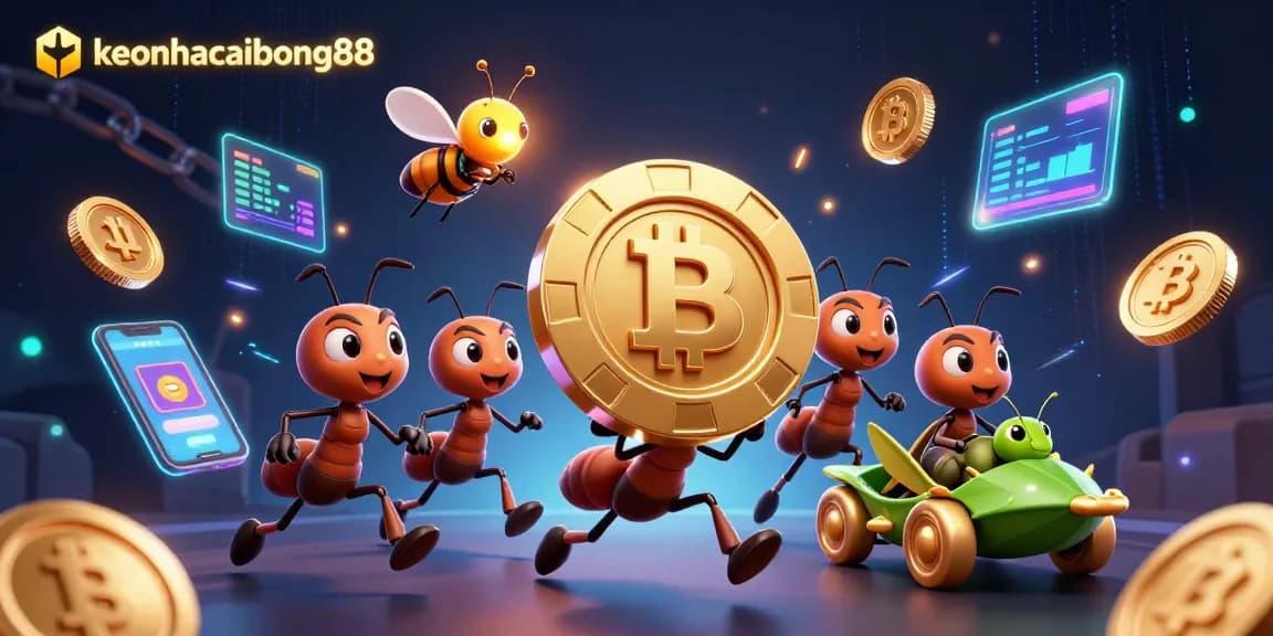 Engage with keonhacaibong88's thrilling casino adventures featuring animated ants and vibrant crypto elements.