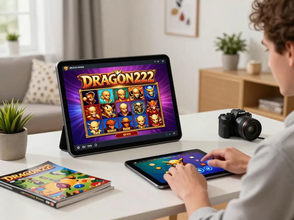 Player enjoying a thrilling DRAGON222 slot game on a tablet in a cozy home setting.