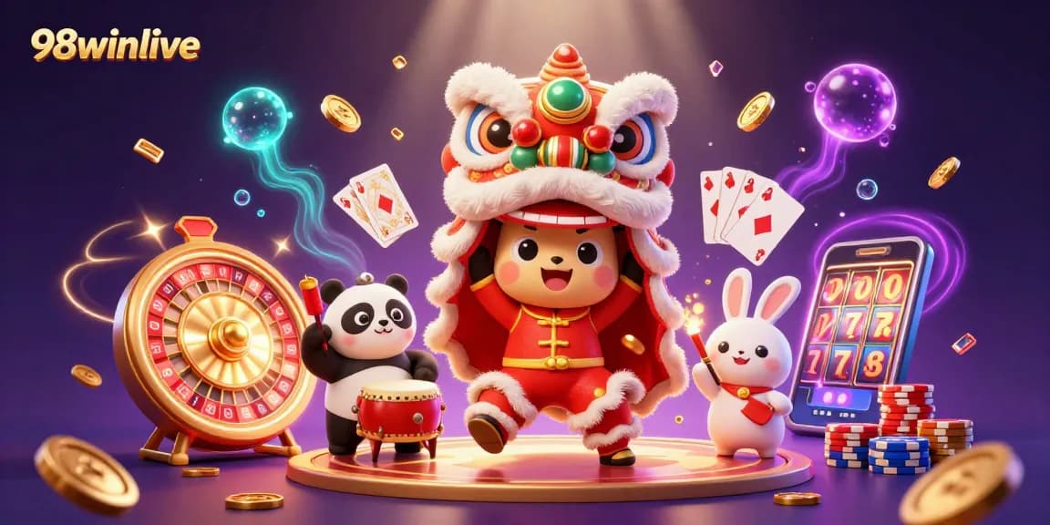 Engage in thrilling gameplay at 98winlive, featuring an explosive lion dance and casino treasures.