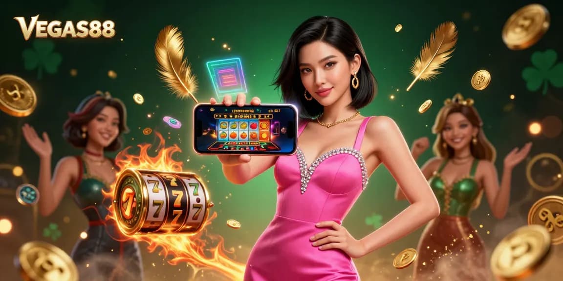 Engage with VEGAS88's stunning gaming experience featuring a confident woman playing live dealer games on her smartphone.