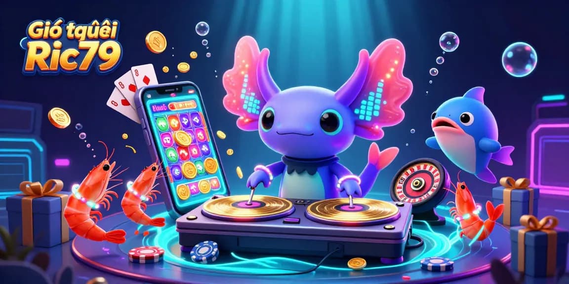 Giới thiệu Ric79 showcases vibrant gaming energy with lively axolotl DJ and animated sea creatures.