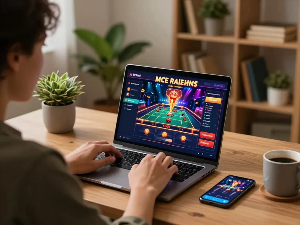 Engaging in online gaming with go8 on a laptop in a cozy home office setting, demonstrating strategic gameplay