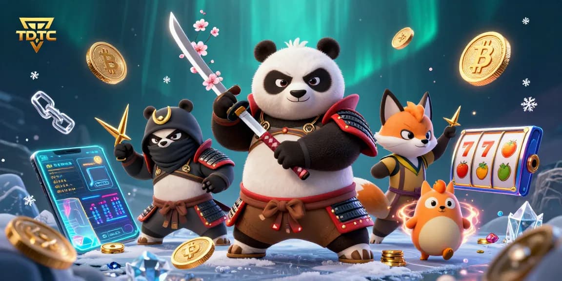 Experience thrilling action at TDTC with a samurai panda, ninja fox, and magical tanuki amidst vibrant slot game elements.