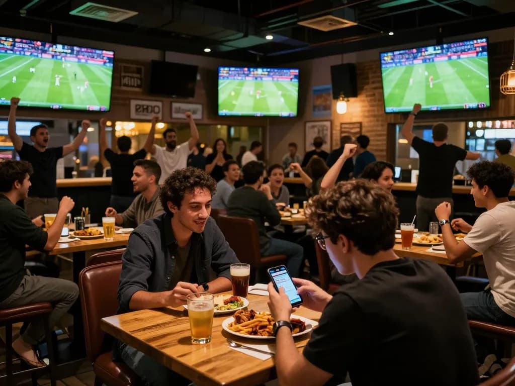 Skor langsung SPBO ditampilkan di smartphone saat penggemar merayakan di lingkungan bar olahraga yang meriah