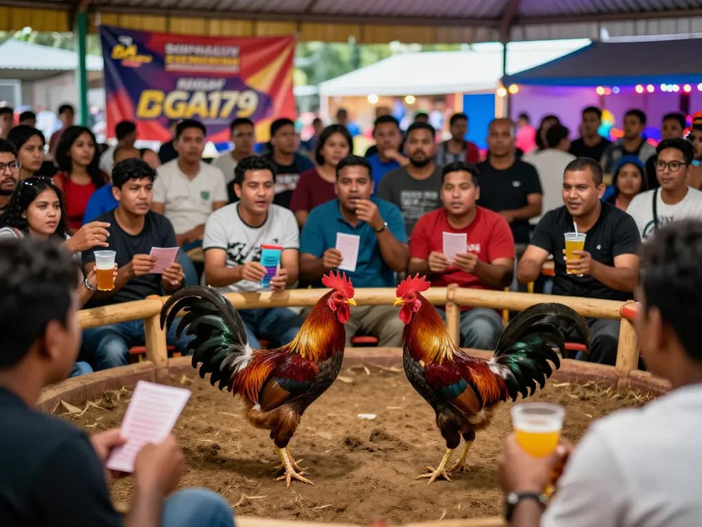 Exciting cockfighting scene showcasing GA179's comeback with lively crowd cheering and vibrant atmosphere.