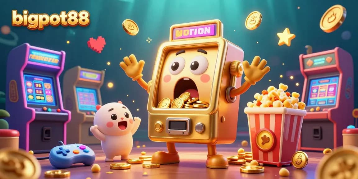 Experience bigpot88's thrilling jackpot celebration with a cartoon slot machine surrounded by colorful game elements.
