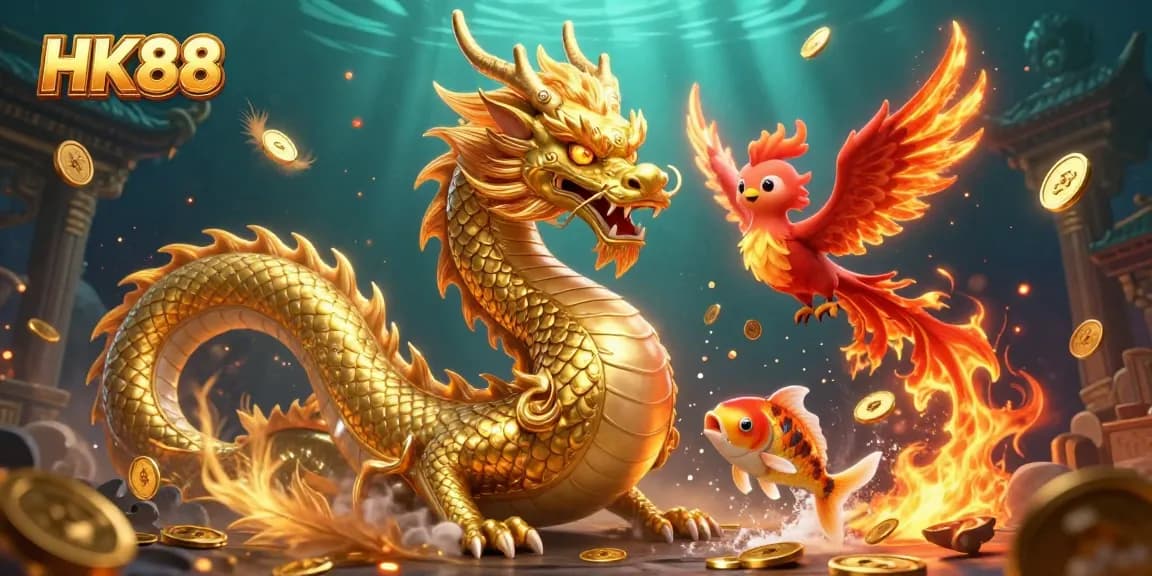 Experience thrilling gameplay at HK88 with a fierce dragon and floating coins.