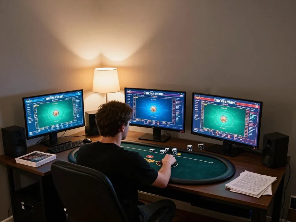 Person enjoying an immersive online poker experience through ushimitsusoft interface on multiple screens, fostering responsible gaming.