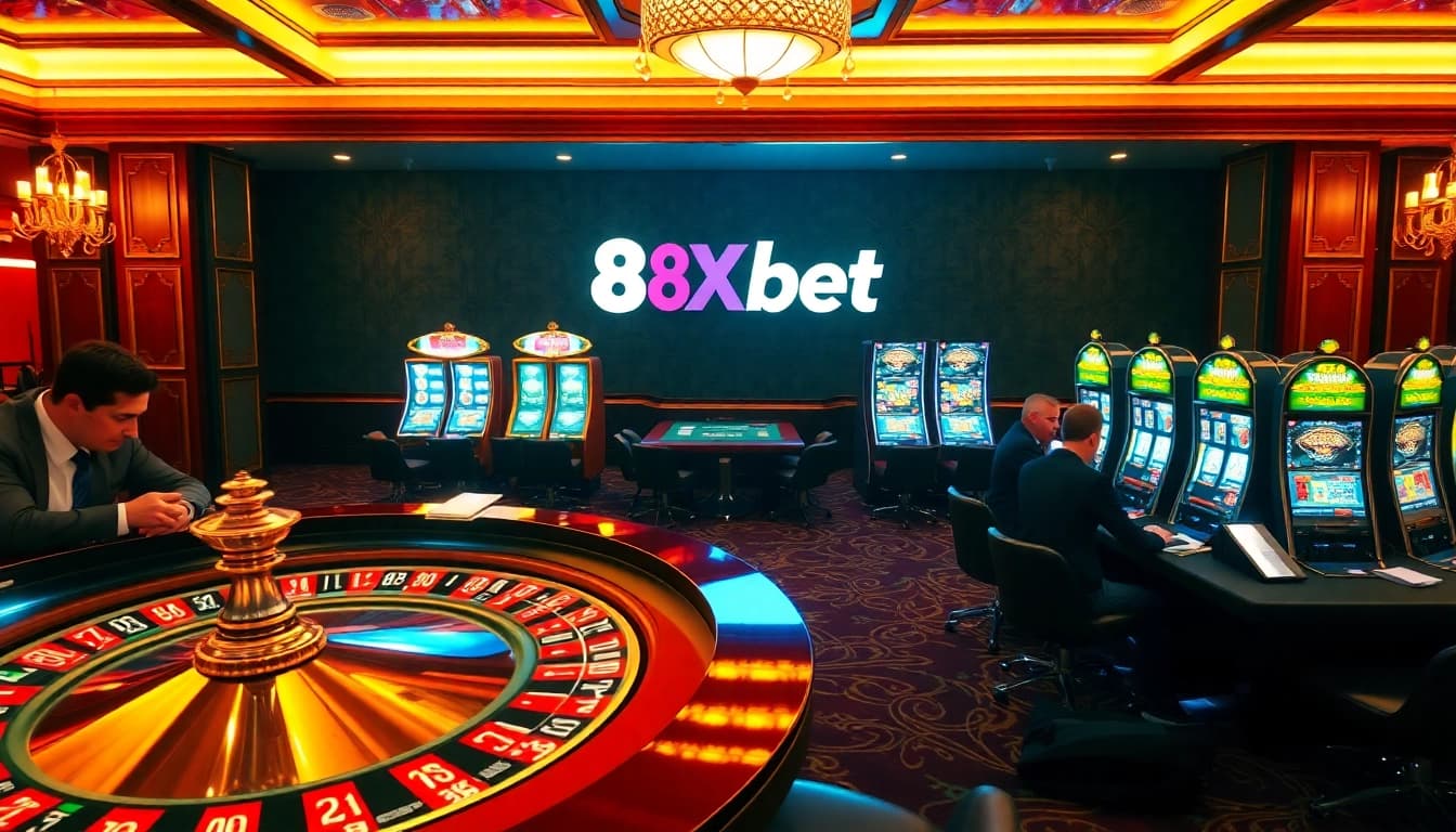 Players enjoy exhilarating games at 8Xbet casino, highlighted by roulette and slot machines.