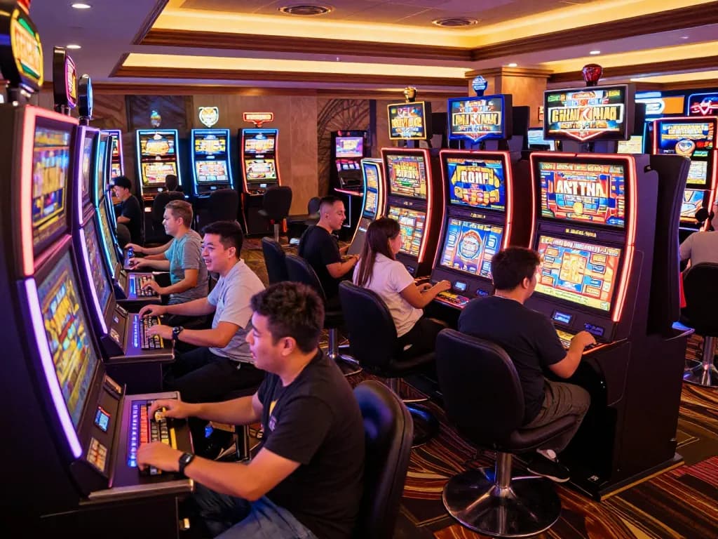 IDCASH88 players engaging with colorful slot machines in a lively casino atmosphere