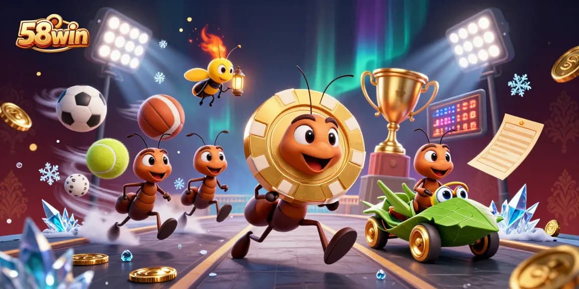Experience the thrill of 58win with cartoon ants heisting a golden poker chip in a vibrant casino scene.