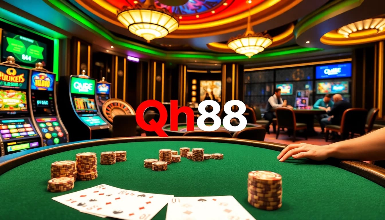 Players enjoy high-stakes excitement at qh88, showcasing poker and baccarat in a luxurious casino setting.