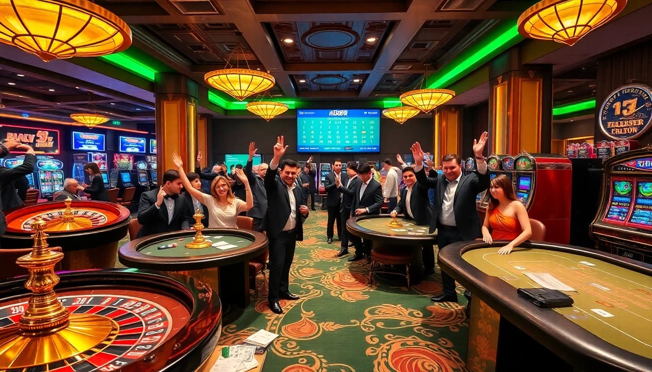 Exciting gaming experience at RR88 with players at roulette and poker tables.
