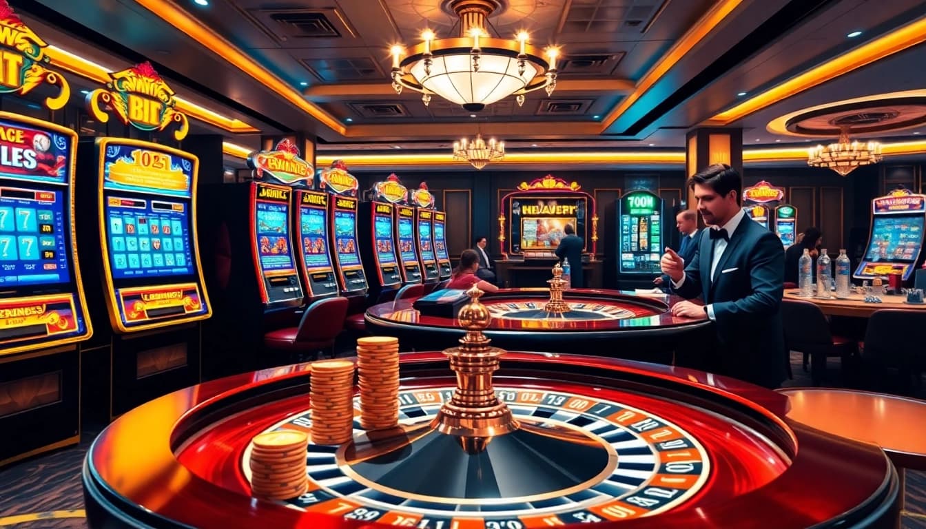 Exciting casino gaming experience at https://78wintl.org/ with vibrant slot machines and roulette.