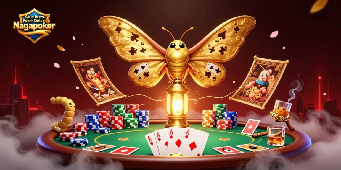 Situs Resmi Poker Online Nagapoker showcases an ultra-detailed poker scene featuring vibrant moths and casino elements.