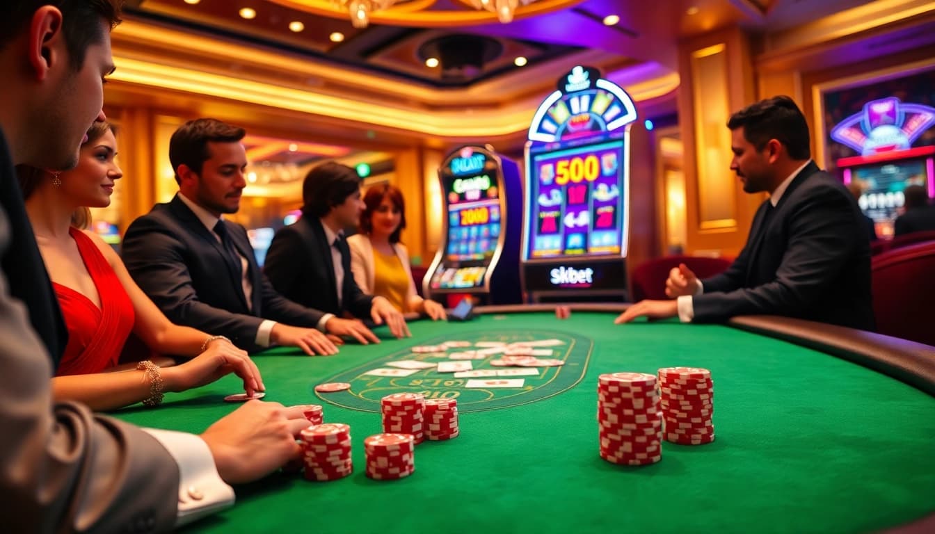 Experience high-stakes poker at 8kbet with elegant players and dazzling casino tables.