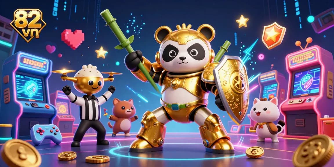Engage in thrilling gameplay at 82 vn with golden mech-suit panda battling in a vibrant casino-themed arena.
