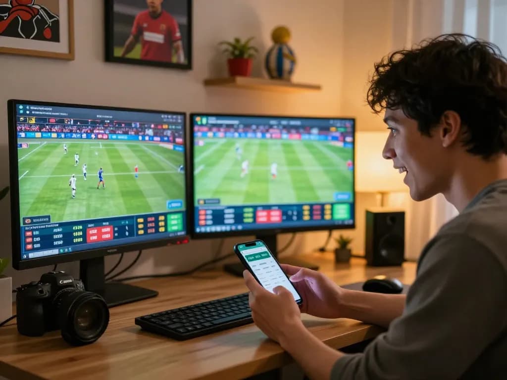 Soi Kèo betting enthusiast engaging with live football matches on multiple screens and mobile app