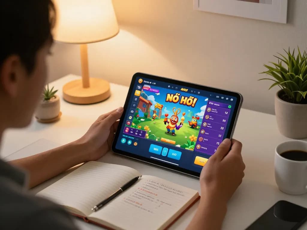 Player engaging with nổ hũ đổi thưởng on tablet, showcasing a bright gaming interface in a cozy home setup