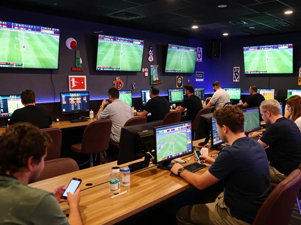 Nk88 sports fans actively placing bets during Bundesliga matches in a vibrant setting.
