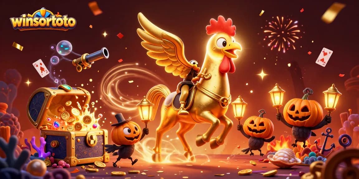 Winsortoto reveals a thrilling scene with a golden rooster rider amidst a vibrant casino environment.