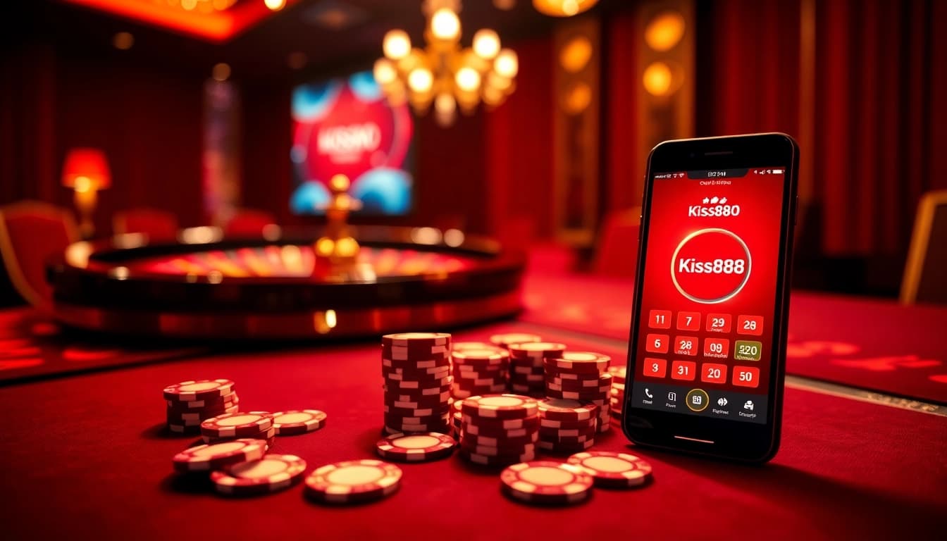 Kiss888 mobile gaming experience showcasing immersive casino atmosphere with poker chips and roulette.