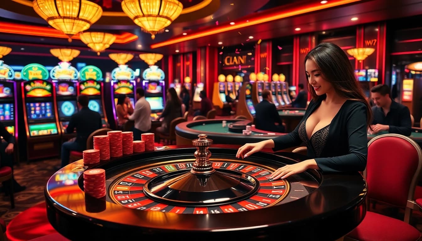 Exciting casino scene at https://luckywin.fan/, featuring roulette table, celebrating players, and professional dealers.