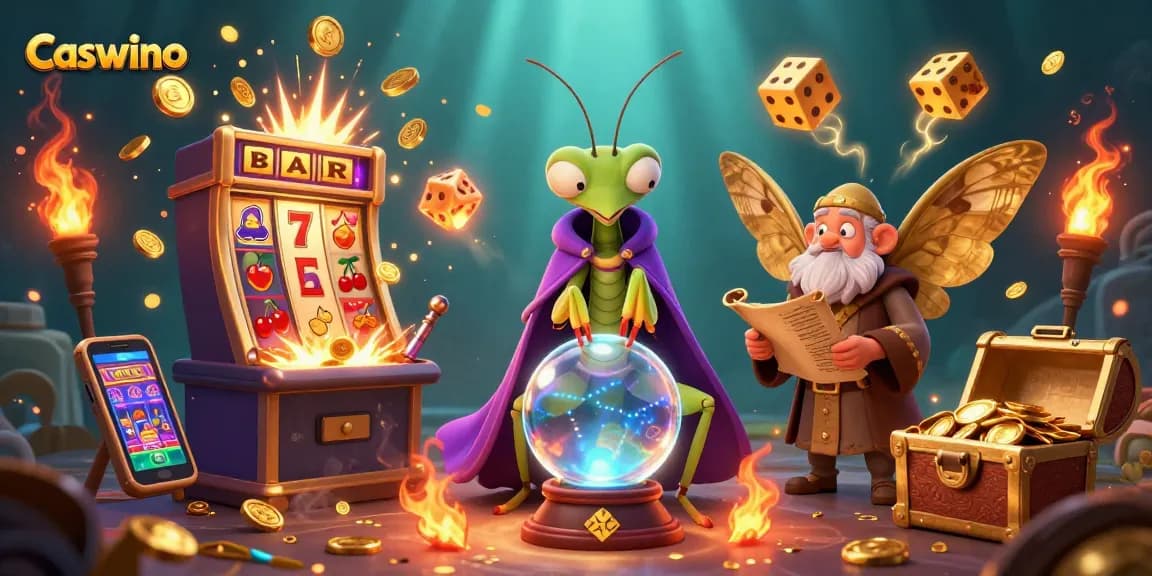Experience fortune at Caswino Casino with dynamic scenes of wins, games, and magical characters.
