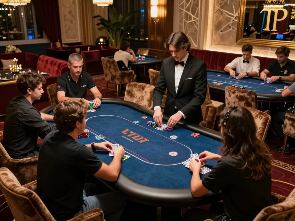 Players enjoy high-stakes poker action at vipwin, showcasing luxury and excitement.