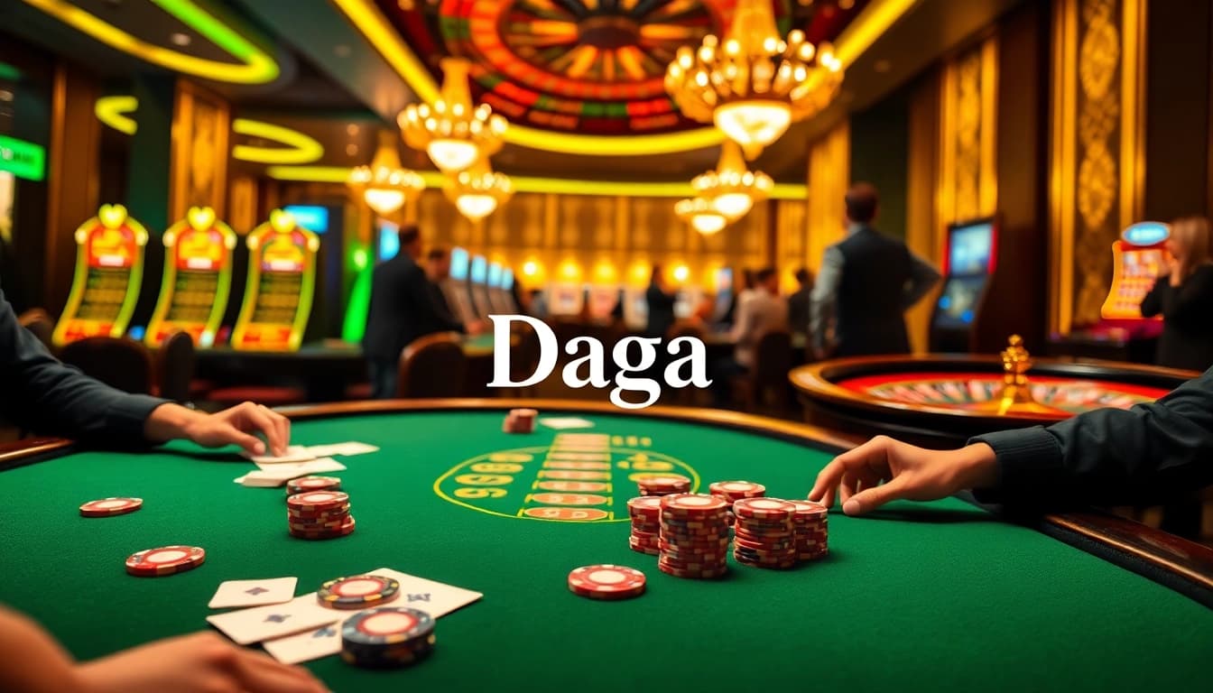Daga players enjoy high-stakes poker at a vibrant casino table with colorful chips and cards.