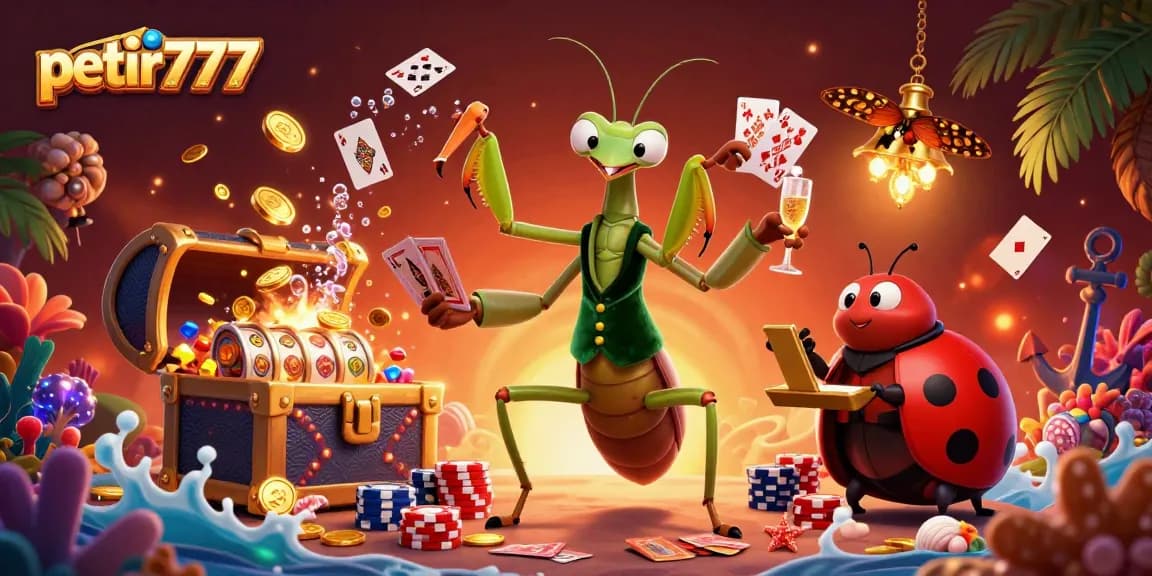 Experience petir777 with giant praying mantis card sharp dealing cards in a vibrant casino scene.