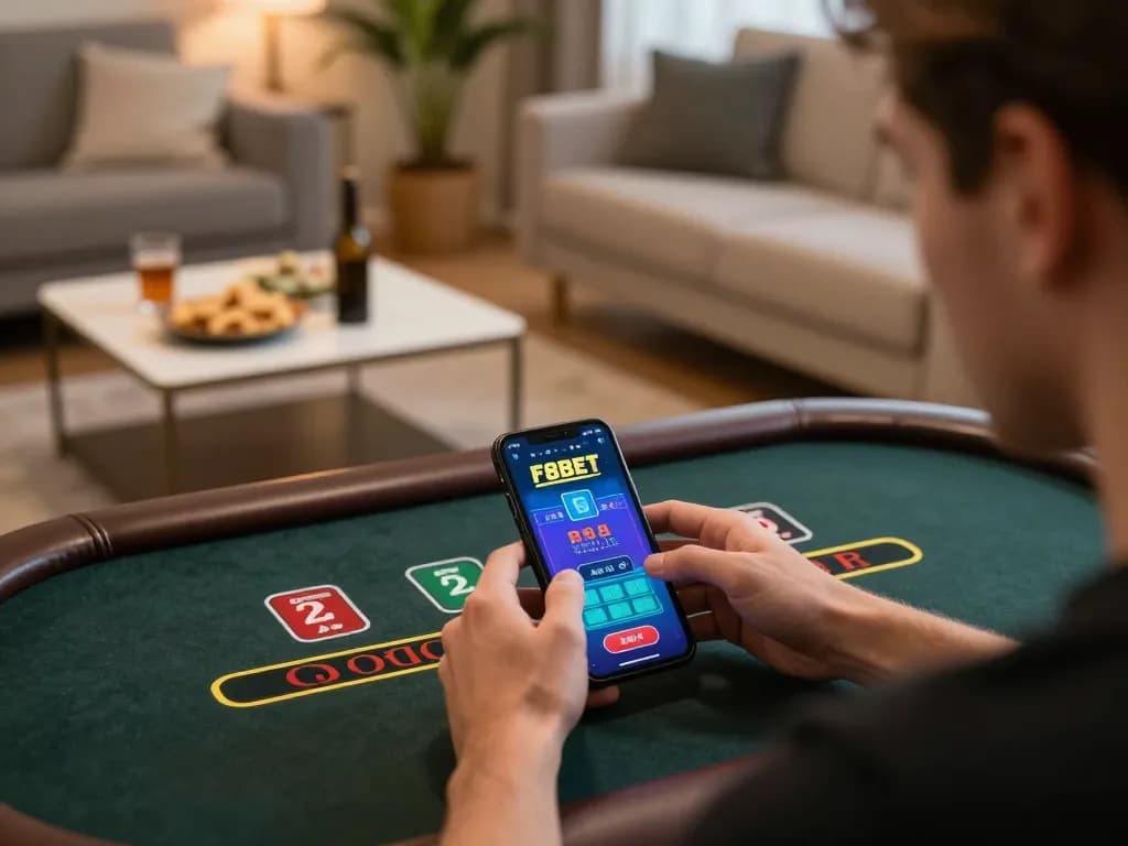 Engaging with the F8BET app for live dealer blackjack from a cozy home setup.