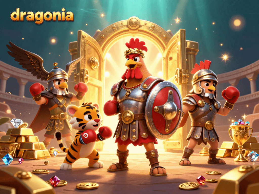 Les joueurs de Dragonia s'engagent dans une expérience immersive de casino, entourés de trésors et d'effets scintillants.