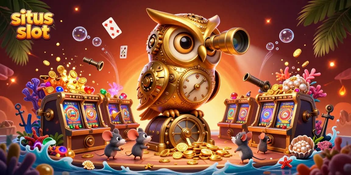 Experience the thrill of situs slot with a vibrant 3D illustration showcasing classic slot machines and iconic symbols.