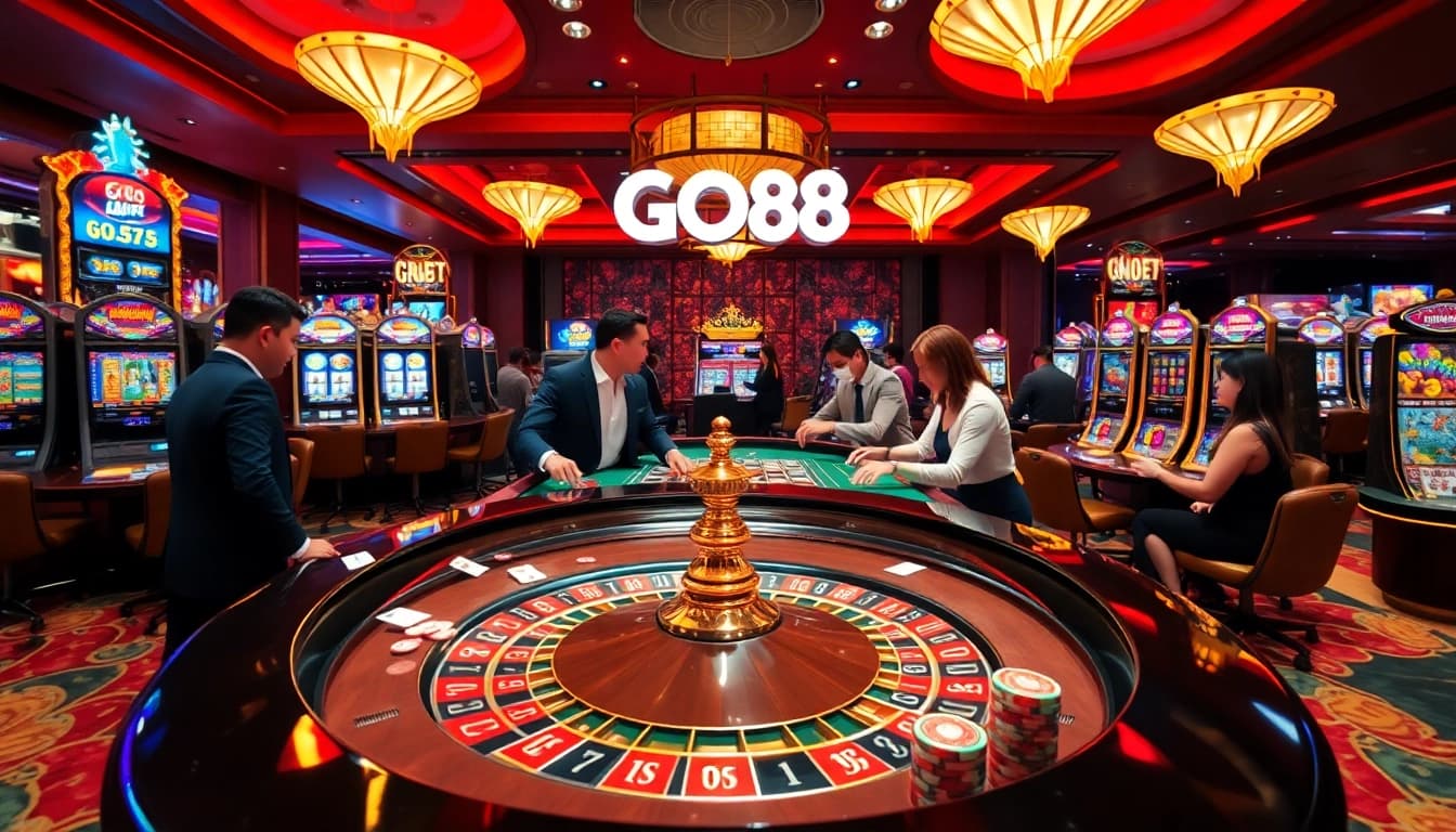Experience the excitement of gambling at GO88 with vibrant casino tables and professional dealers.