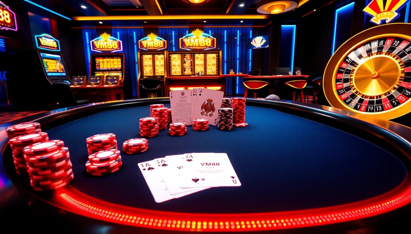Expert gamblers strategically play on the VM88 poker table with vibrant chips and digital betting slips