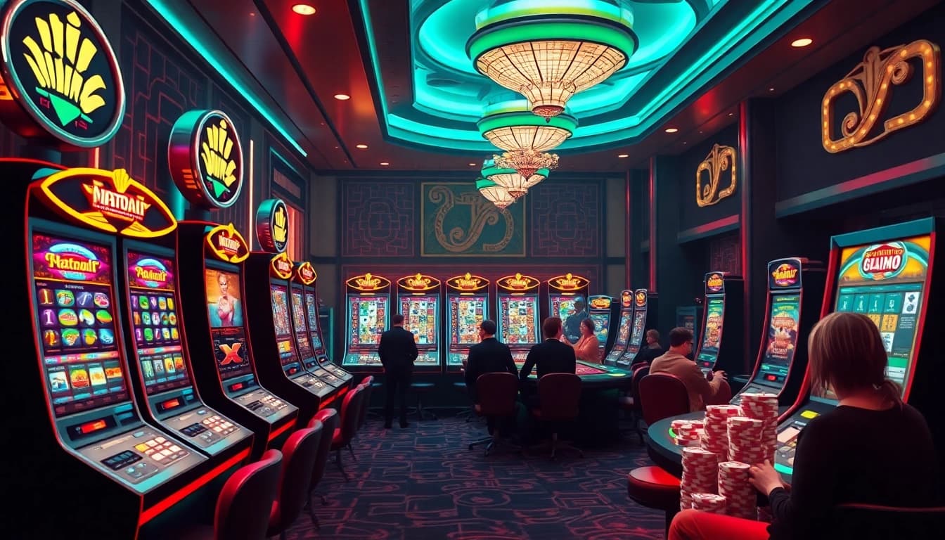 Experience the thrill of kpjitu in a vibrant casino scene with exciting slot machines.