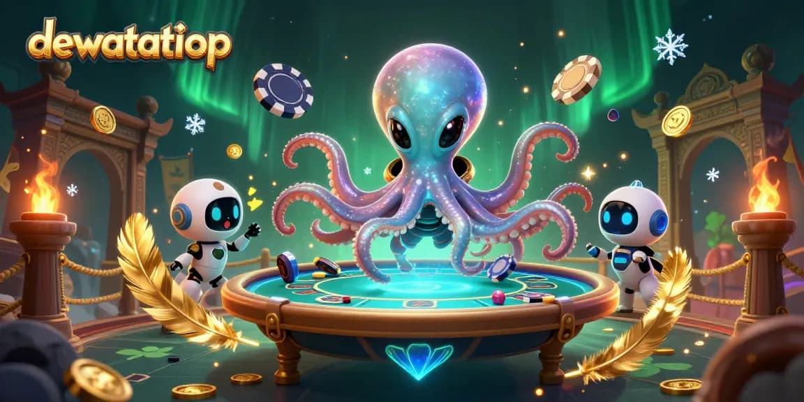 Memanfaatkan dewatatopup untuk bertransaksi cepat di poker dengan karakter alien kartun 3D dan robot kecil di latar belakang yang dramatis.